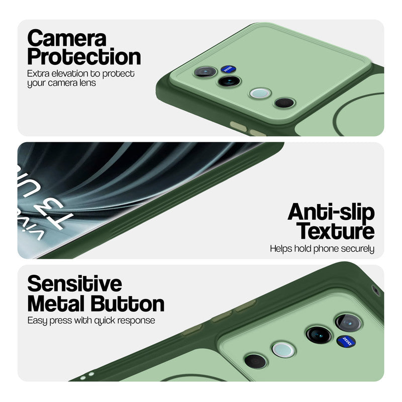 Green Phone case for Vivo T3 Ultra 5G highlighting raised camera protection, anti-slip texture, and responsive side buttons
