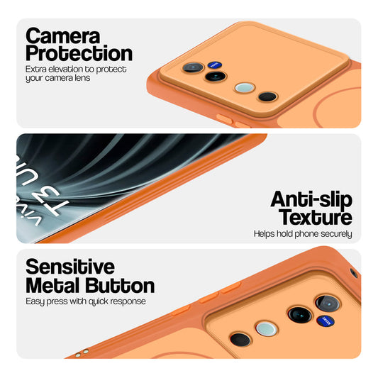 Orange Phone case for Vivo T3 Ultra 5G highlighting raised camera protection, anti-slip texture, and responsive side buttons