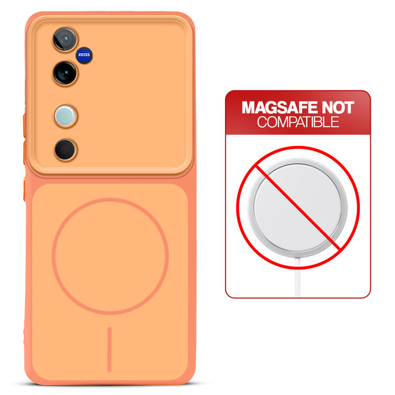 Dual tone silicone Orange phone cover for Vivo T3 Ultra 5G showing wireless charging not supported notice