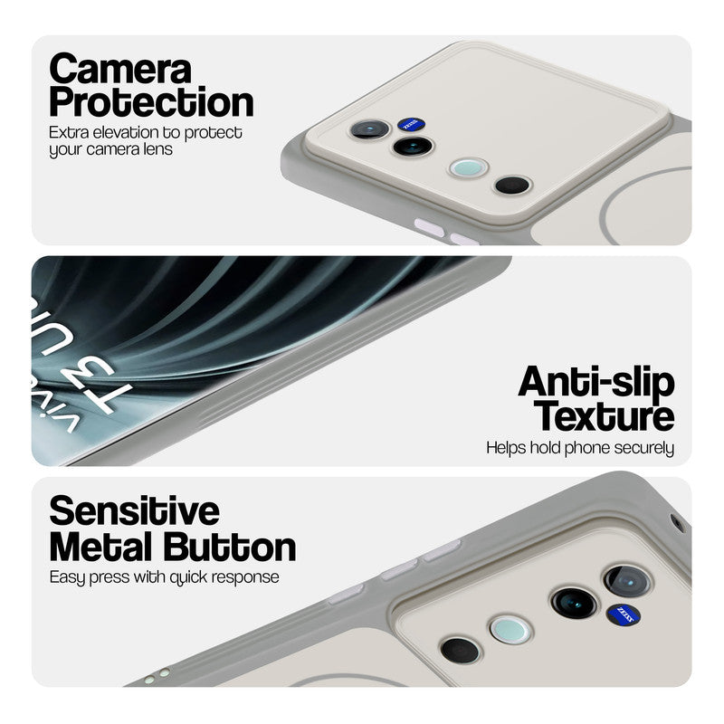 White Phone case for Vivo T3 Ultra 5G highlighting raised camera protection, anti-slip texture, and responsive side buttons
