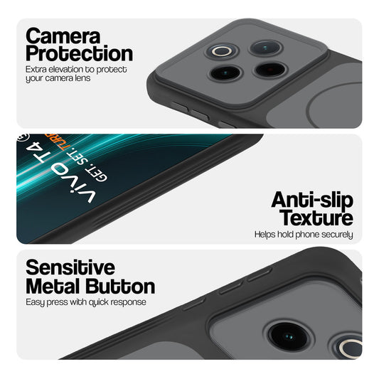 Black Phone case for Vivo T4 5G highlighting raised camera protection, anti-slip texture, and responsive side buttons