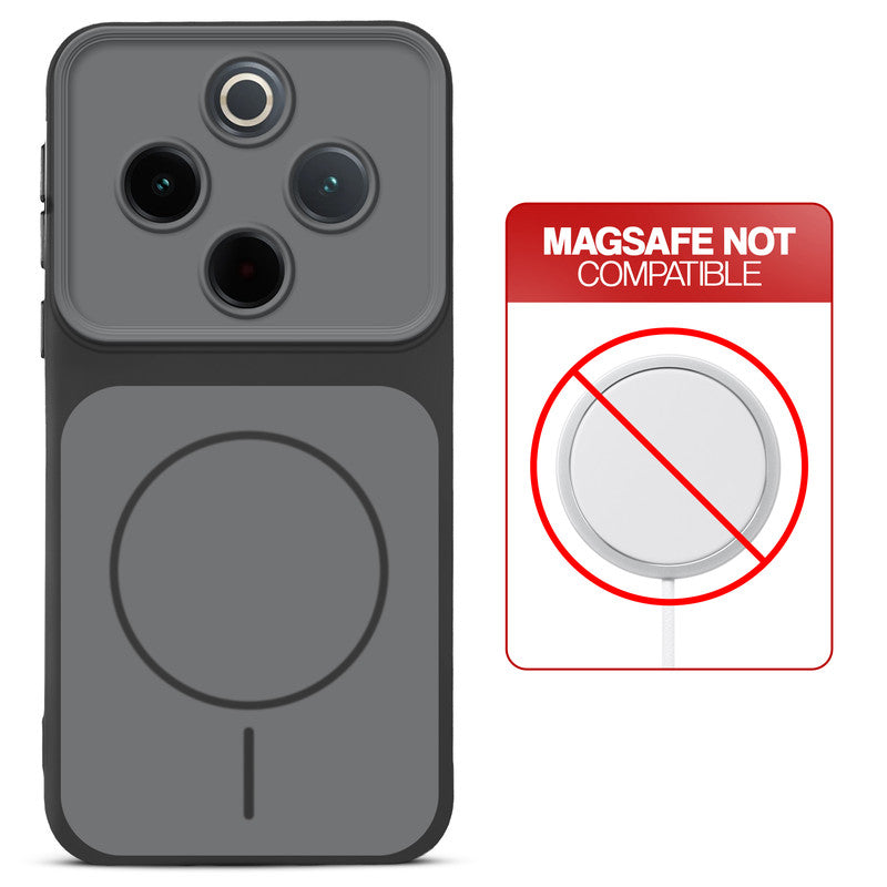 Dual tone silicone Black phone cover for Vivo T4 5G showing wireless charging not supported notice
