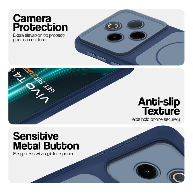 Blue Phone case for Vivo T4 5G highlighting raised camera protection, anti-slip texture, and responsive side buttons