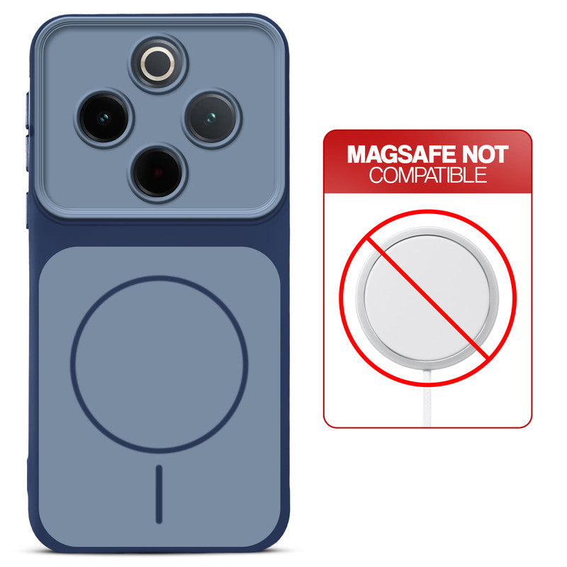 Dual tone silicone Blue phone cover for Vivo T4 5G showing wireless charging not supported notice