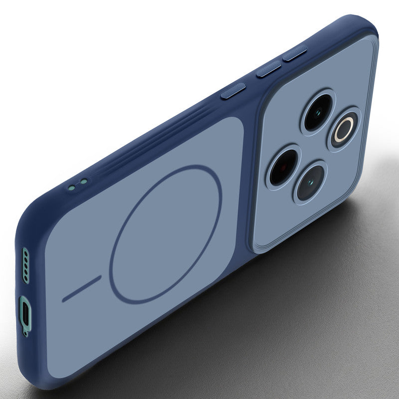 Slim silicone Blue phone case for Vivo T4 5G side angle view showing grip texture and precise cutouts