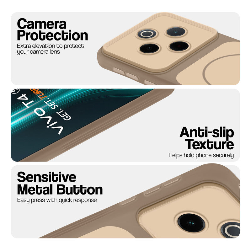 Brown Phone case for Vivo T4 5G highlighting raised camera protection, anti-slip texture, and responsive side buttons