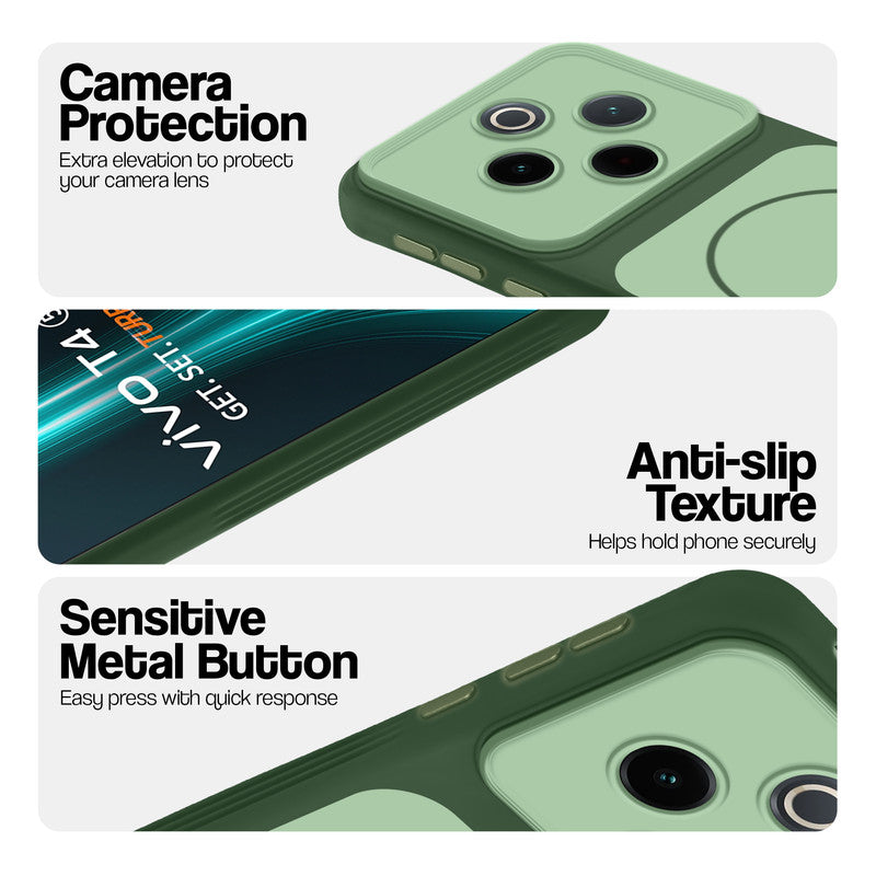 Green Phone case for Vivo T4 5G highlighting raised camera protection, anti-slip texture, and responsive side buttons