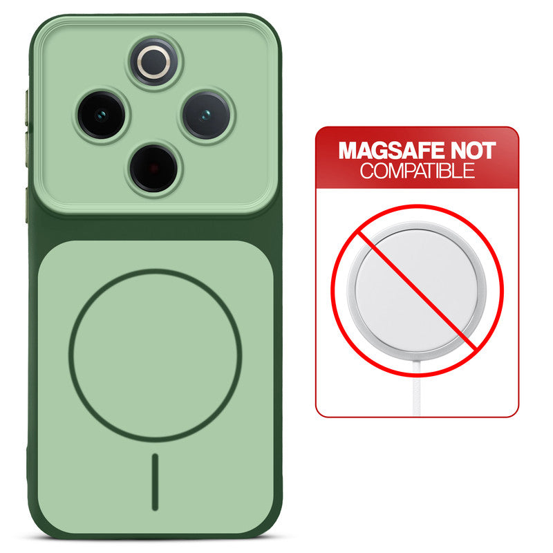 Dual tone silicone Green phone cover for Vivo T4 5G showing wireless charging not supported notice