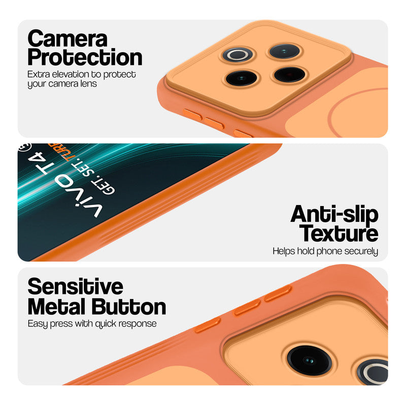Orange Phone case for Vivo T4 5G highlighting raised camera protection, anti-slip texture, and responsive side buttons