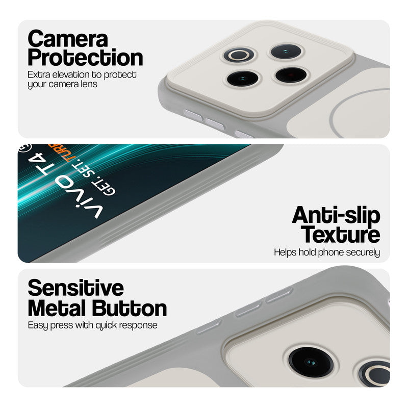 White Phone case for Vivo T4 5G highlighting raised camera protection, anti-slip texture, and responsive side buttons