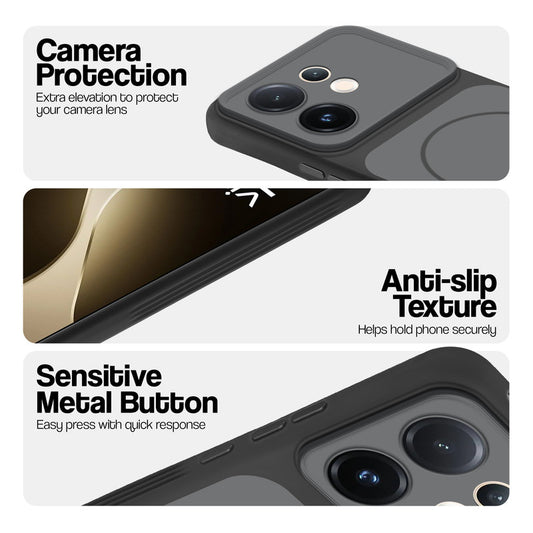 Black Phone case for Vivo T4 Pro 5G highlighting raised camera protection, anti-slip texture, and responsive side buttons