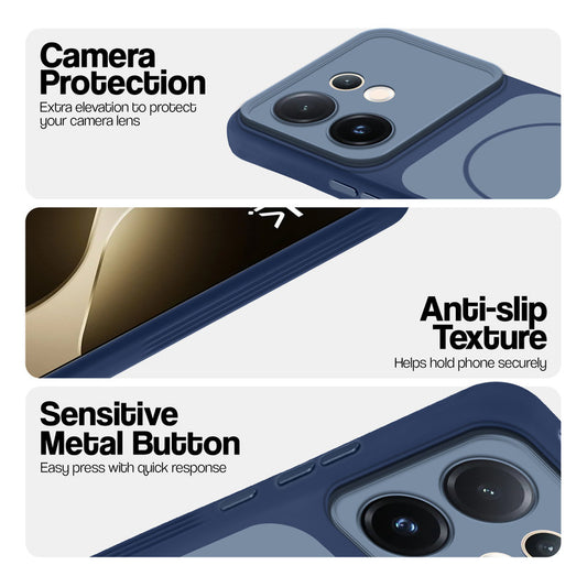 Blue Phone case for Vivo T4 Pro 5G highlighting raised camera protection, anti-slip texture, and responsive side buttons