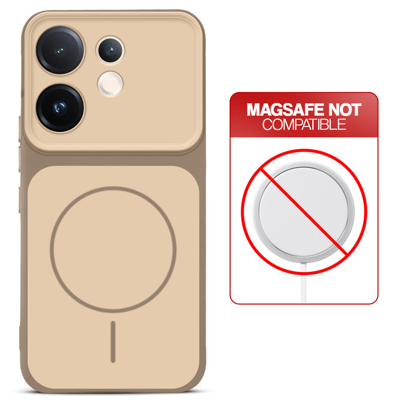 Dual tone silicone Brown phone cover for Vivo T4 Pro 5G showing wireless charging not supported notice