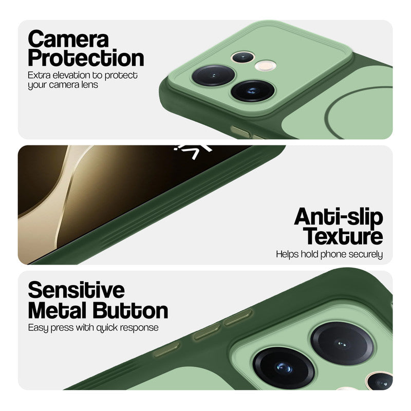 Green Phone case for Vivo T4 Pro 5G highlighting raised camera protection, anti-slip texture, and responsive side buttons