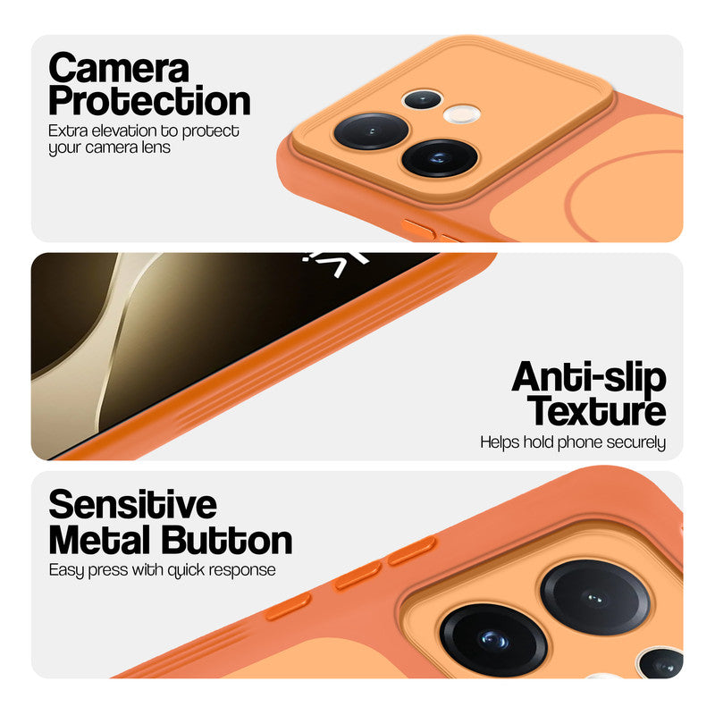 Orange Phone case for Vivo T4 Pro 5G highlighting raised camera protection, anti-slip texture, and responsive side buttons