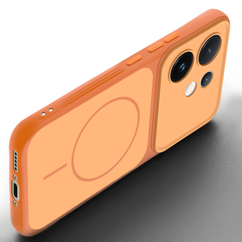 Slim silicone Orange phone case for Vivo T4 Pro 5G side angle view showing grip texture and precise cutouts