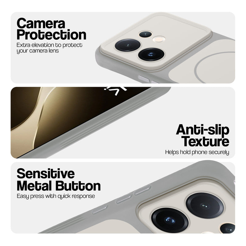 White Phone case for Vivo T4 Pro 5G highlighting raised camera protection, anti-slip texture, and responsive side buttons