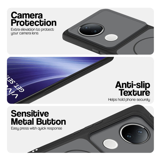 Black Phone case for Vivo T4R 5G highlighting raised camera protection, anti-slip texture, and responsive side buttons