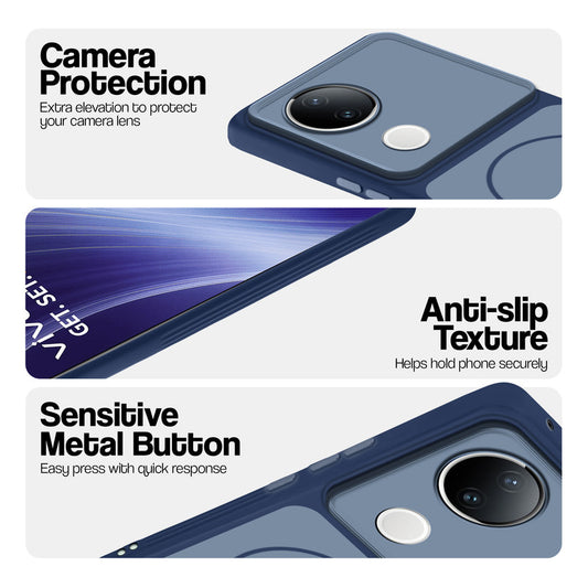 Blue Phone case for Vivo T4R 5G highlighting raised camera protection, anti-slip texture, and responsive side buttons