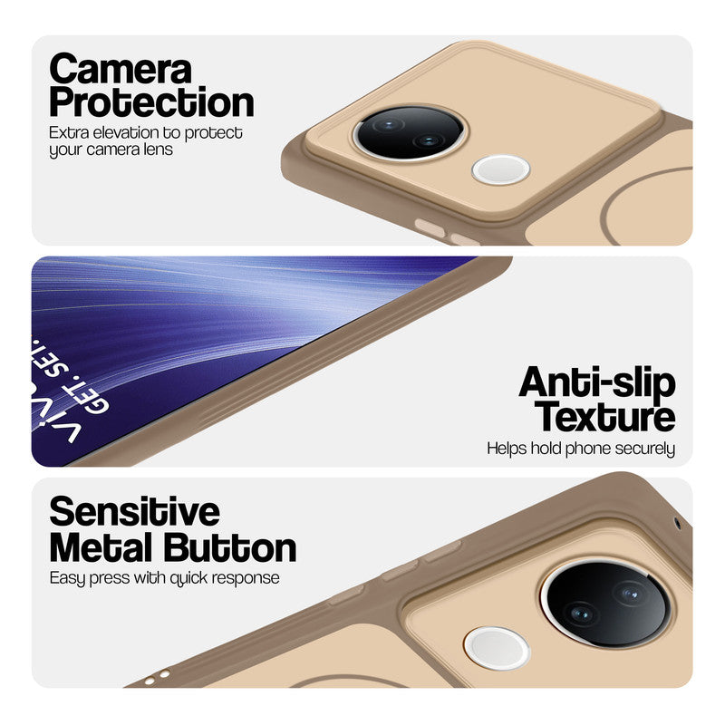Brown Phone case for Vivo T4R 5G highlighting raised camera protection, anti-slip texture, and responsive side buttons