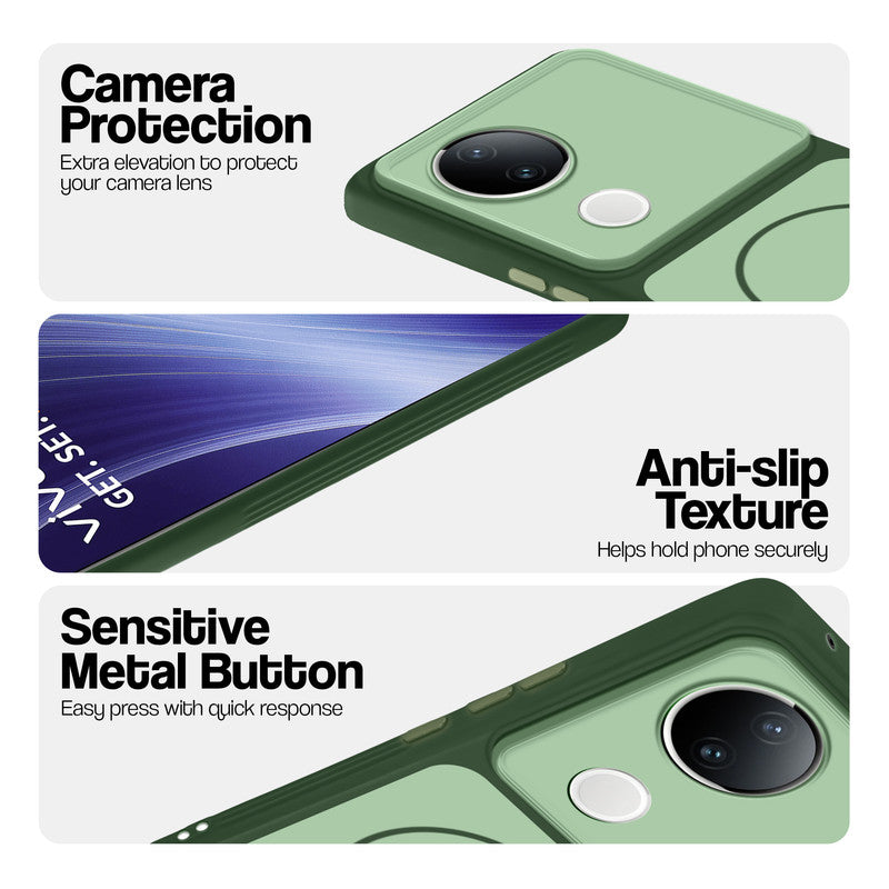 Green Phone case for Vivo T4R 5G highlighting raised camera protection, anti-slip texture, and responsive side buttons
