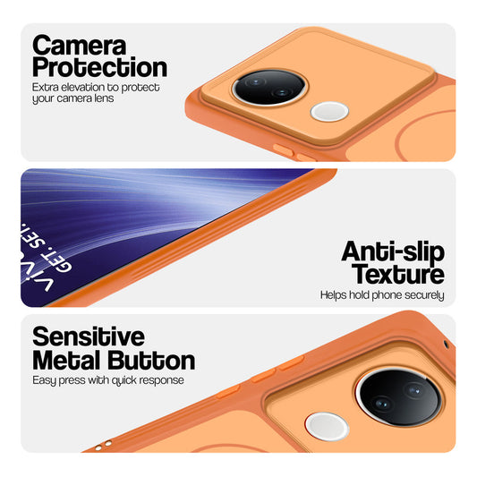 Orange Phone case for Vivo T4R 5G highlighting raised camera protection, anti-slip texture, and responsive side buttons