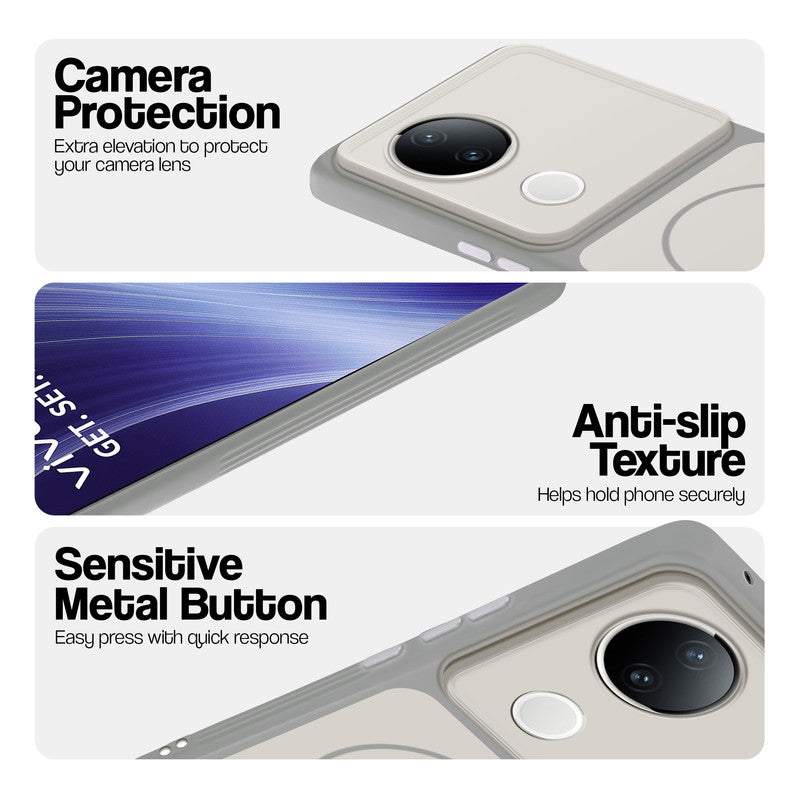 White Phone case for Vivo T4R 5G highlighting raised camera protection, anti-slip texture, and responsive side buttons