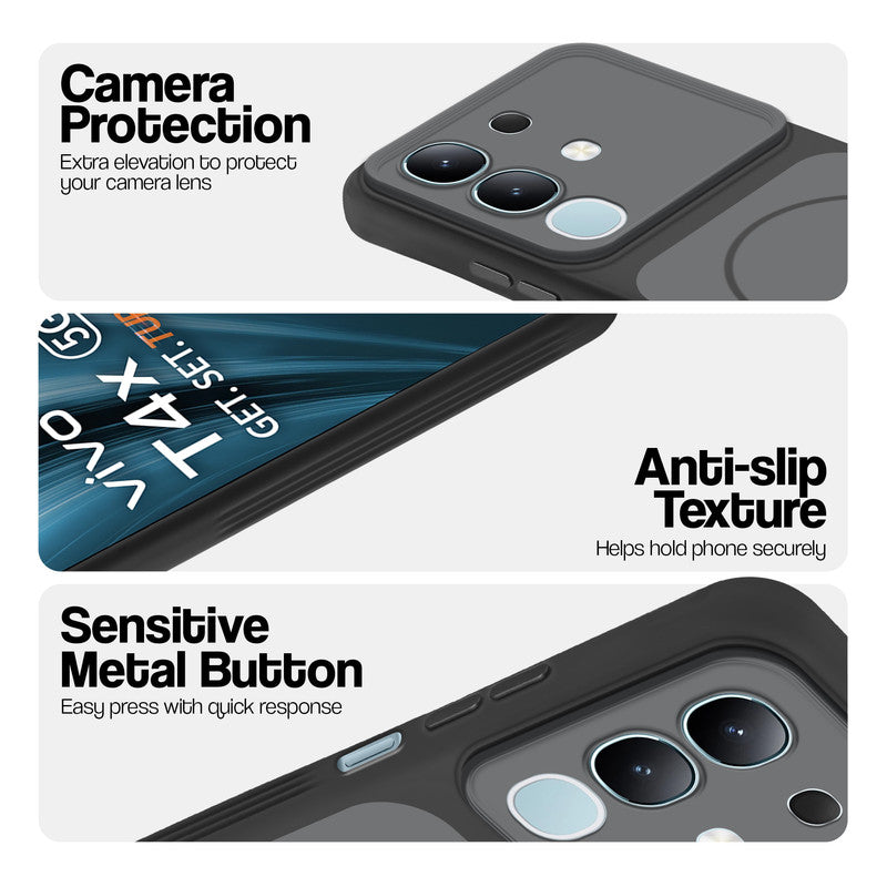 Black Phone case for Vivo T4x 5G highlighting raised camera protection, anti-slip texture, and responsive side buttons