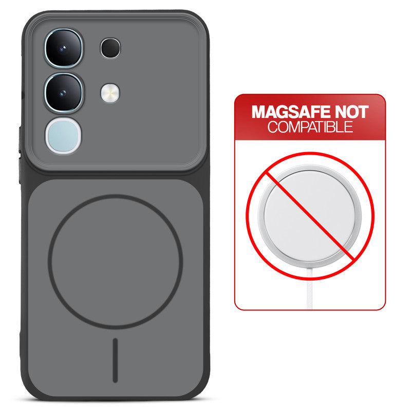 Dual tone silicone Black phone cover for Vivo T4x 5G showing wireless charging not supported notice