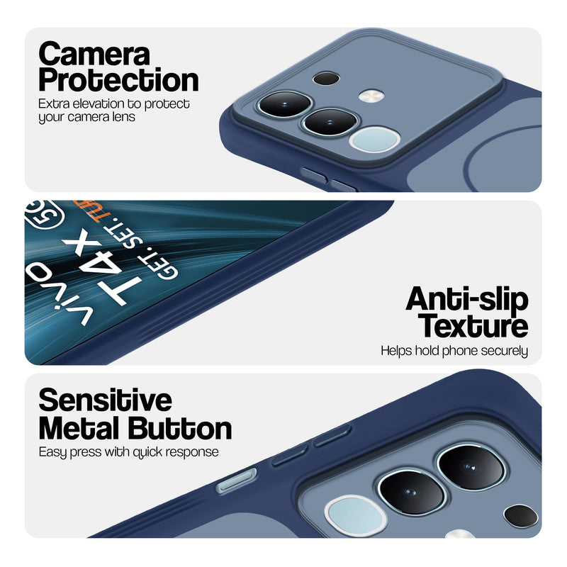 Blue Phone case for Vivo T4x 5G highlighting raised camera protection, anti-slip texture, and responsive side buttons