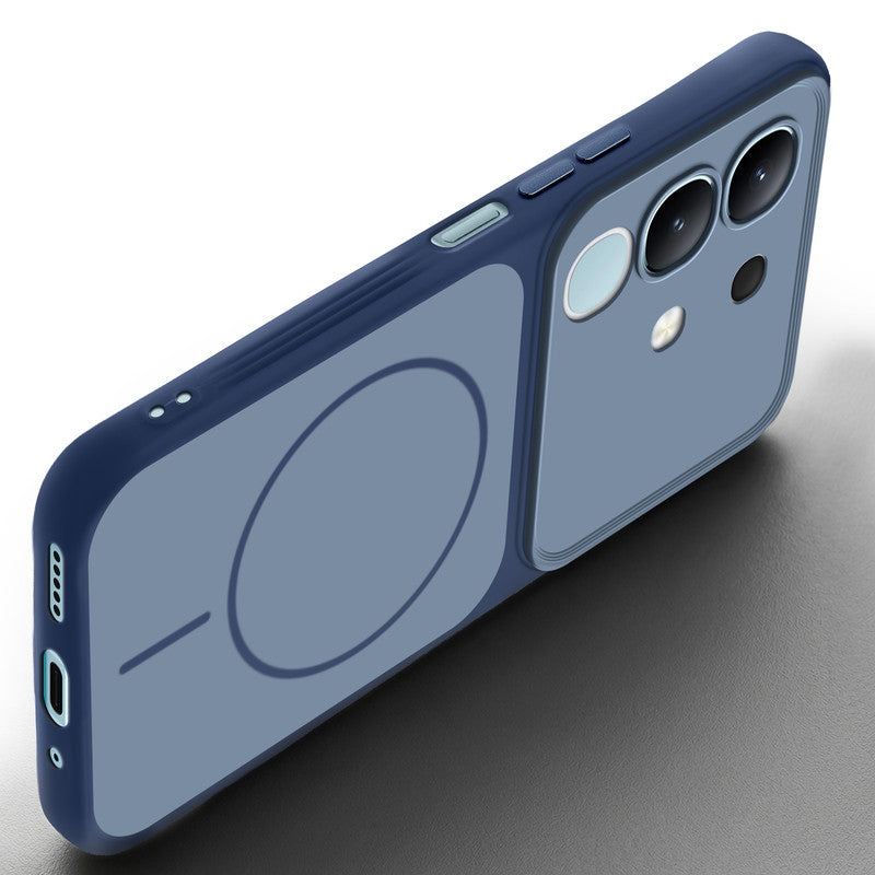 Slim silicone Blue phone case for Vivo T4x 5G side angle view showing grip texture and precise cutouts