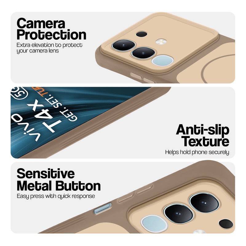 Brown Phone case for Vivo T4x 5G highlighting raised camera protection, anti-slip texture, and responsive side buttons