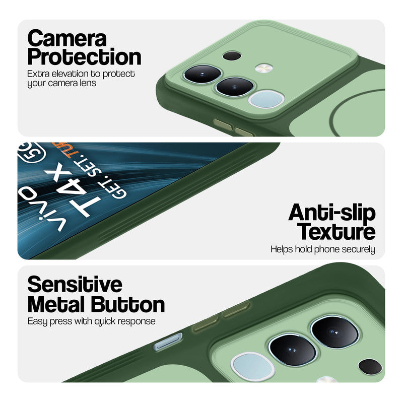 Green Phone case for Vivo T4x 5G highlighting raised camera protection, anti-slip texture, and responsive side buttons