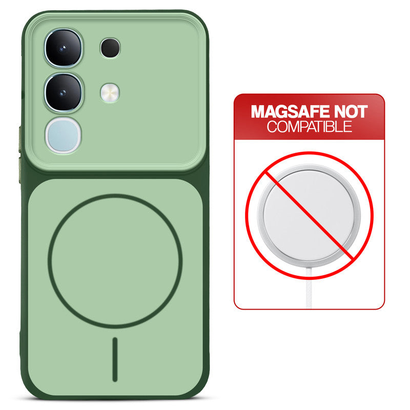 Dual tone silicone Green phone cover for Vivo T4x 5G showing wireless charging not supported notice