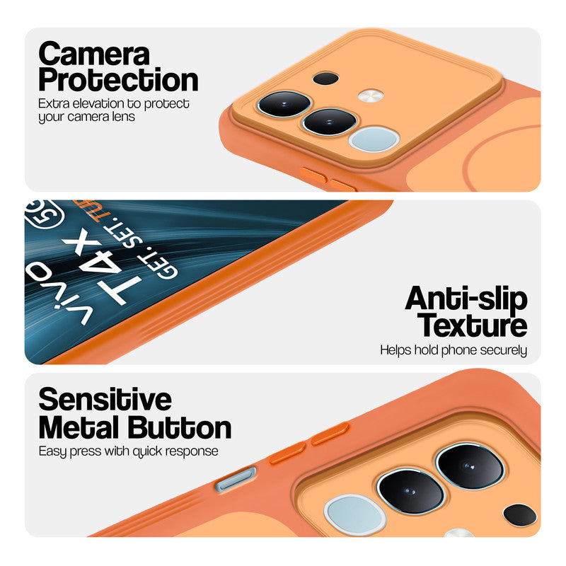 Orange Phone case for Vivo T4x 5G highlighting raised camera protection, anti-slip texture, and responsive side buttons