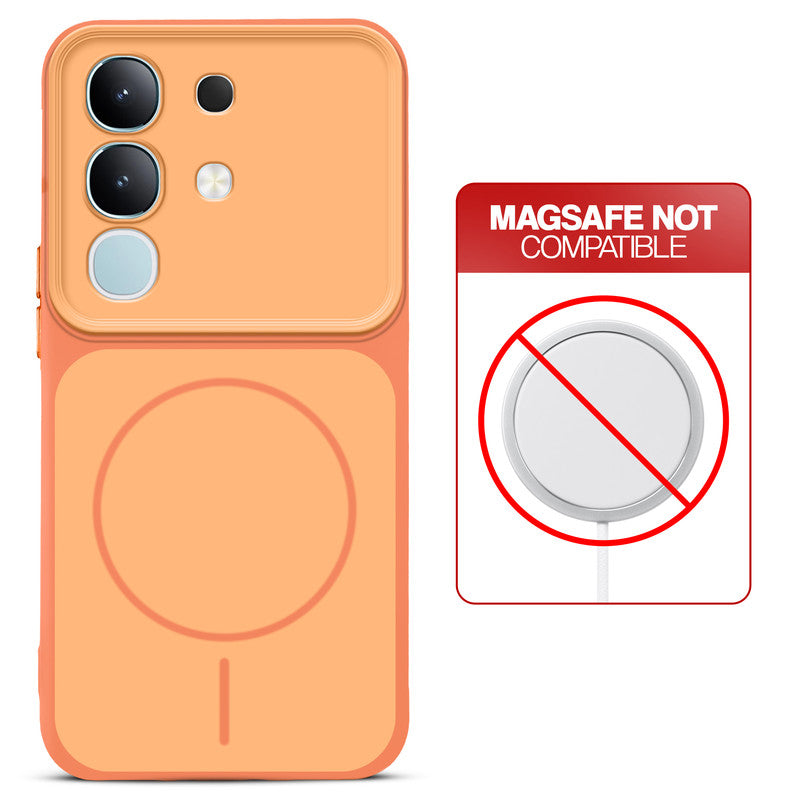 Dual tone silicone Orange phone cover for Vivo T4x 5G showing wireless charging not supported notice