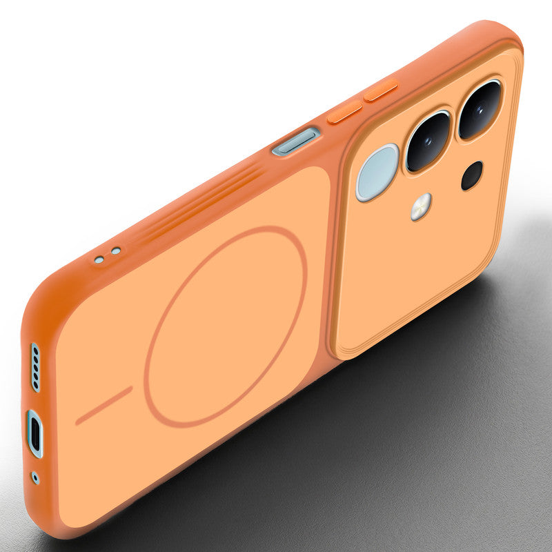 Slim silicone Orange phone case for Vivo T4x 5G side angle view showing grip texture and precise cutouts