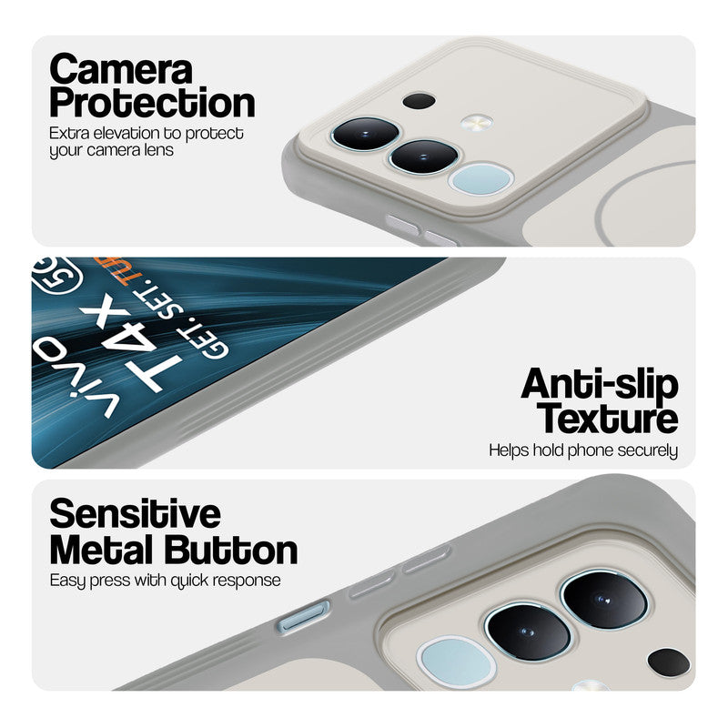 White Phone case for Vivo T4x 5G highlighting raised camera protection, anti-slip texture, and responsive side buttons