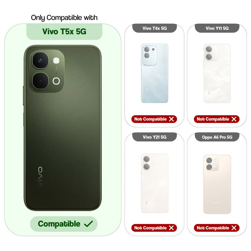 Clear hard back case compatibility guide showing fit for Vivo T5x 5G and not compatible with other models