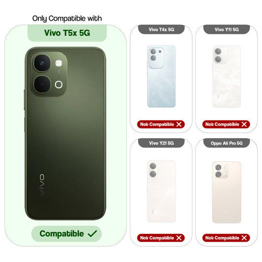 Clear hard back case compatibility guide showing fit for Vivo T5x 5G and not compatible with other models
