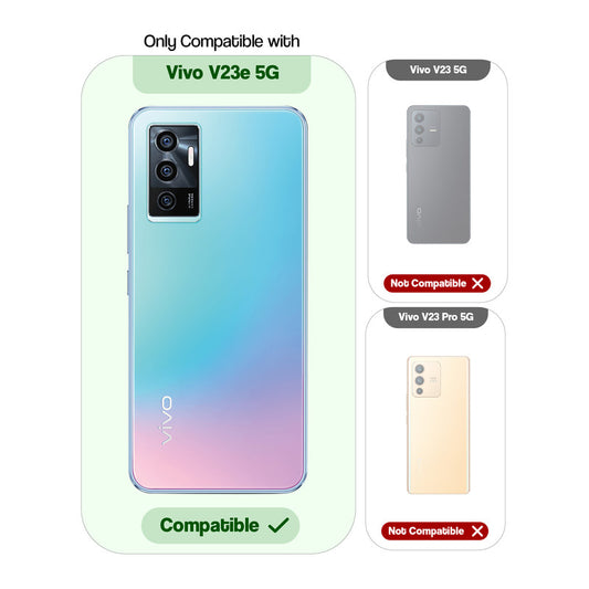 Clear hard back case compatibility guide showing fit for Vivo V23e 5G and not compatible with other models