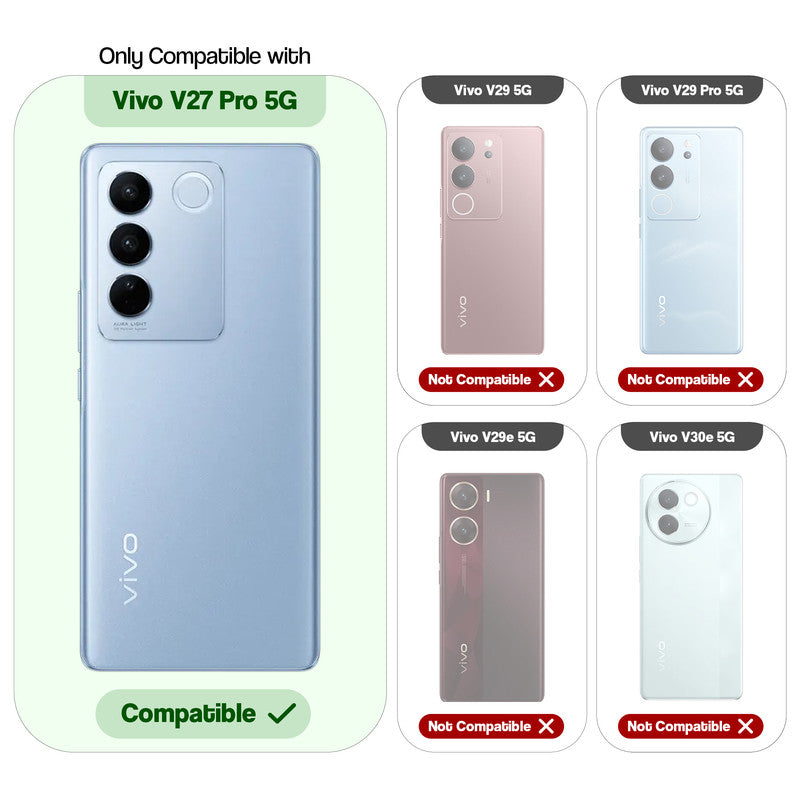 Clear hard back case compatibility guide showing fit for Vivo V27 Pro 5G and not compatible with other models