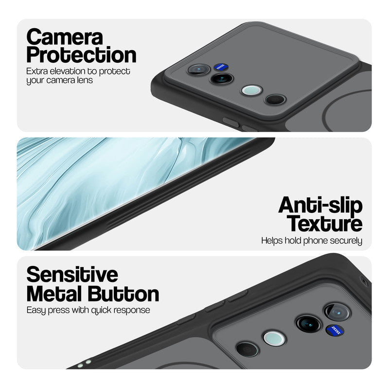 Black Phone case for Vivo V40 5G highlighting raised camera protection, anti-slip texture, and responsive side buttons