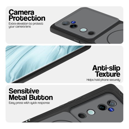 Black Phone case for Vivo V40 5G highlighting raised camera protection, anti-slip texture, and responsive side buttons