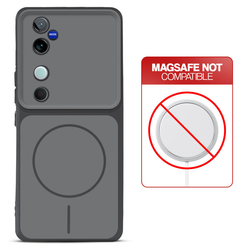 Dual tone silicone Black phone cover for Vivo V40 5G showing wireless charging not supported notice