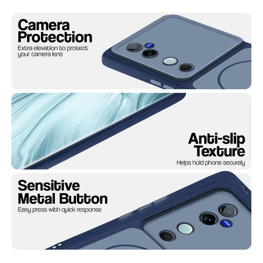 Blue Phone case for Vivo V40 5G highlighting raised camera protection, anti-slip texture, and responsive side buttons