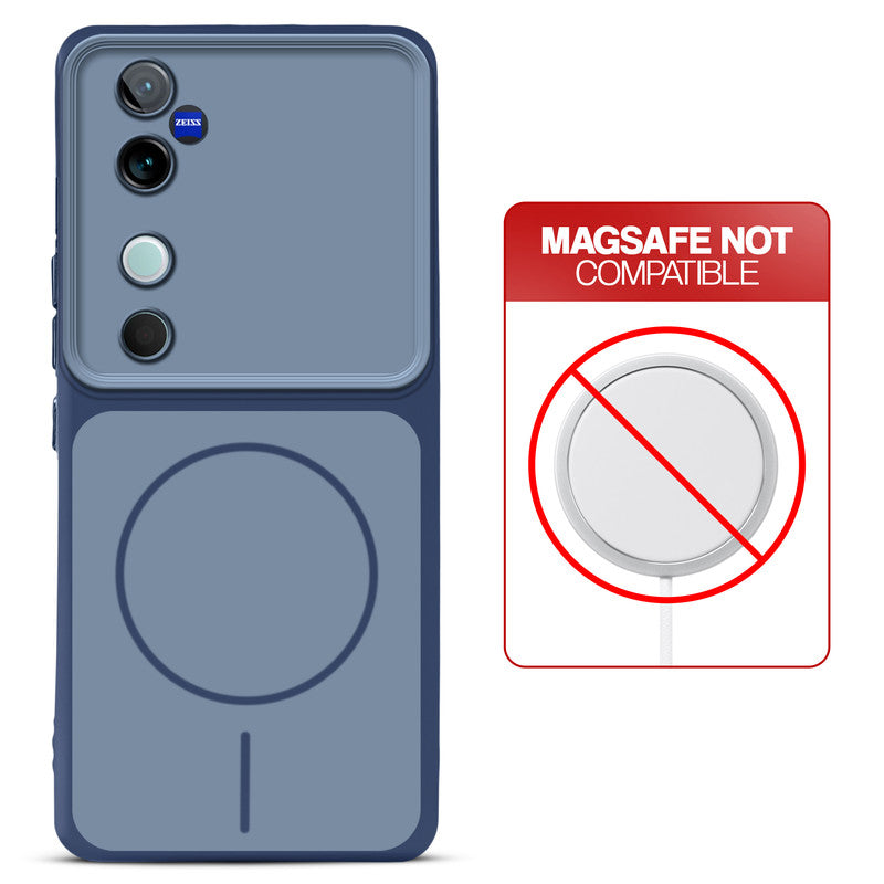 Dual tone silicone Blue phone cover for Vivo V40 Pro 5G showing wireless charging not supported notice