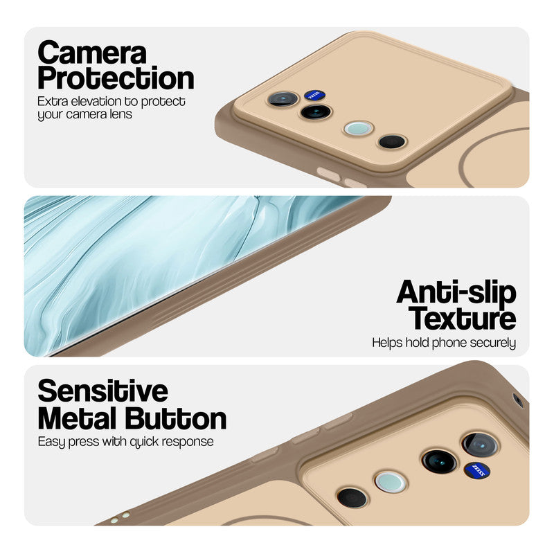 Brown Phone case for Vivo V40 5G highlighting raised camera protection, anti-slip texture, and responsive side buttons