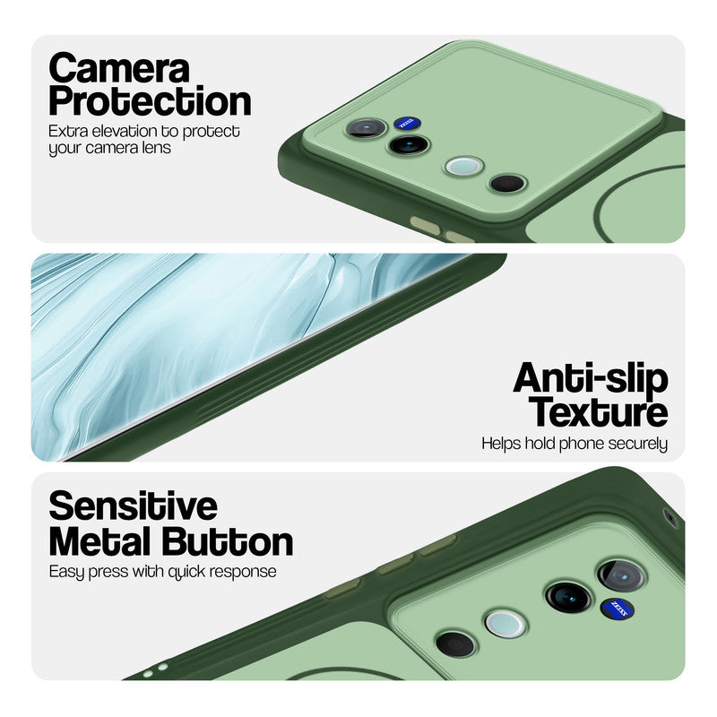 Green Phone case for Vivo V40 5G highlighting raised camera protection, anti-slip texture, and responsive side buttons