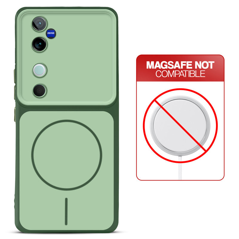 Dual tone silicone Green phone cover for Vivo V40 5G showing wireless charging not supported notice
